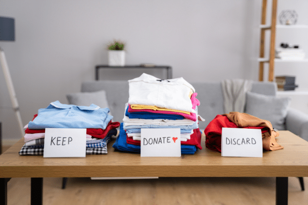 Keep, Donate, Discard piles of clothes