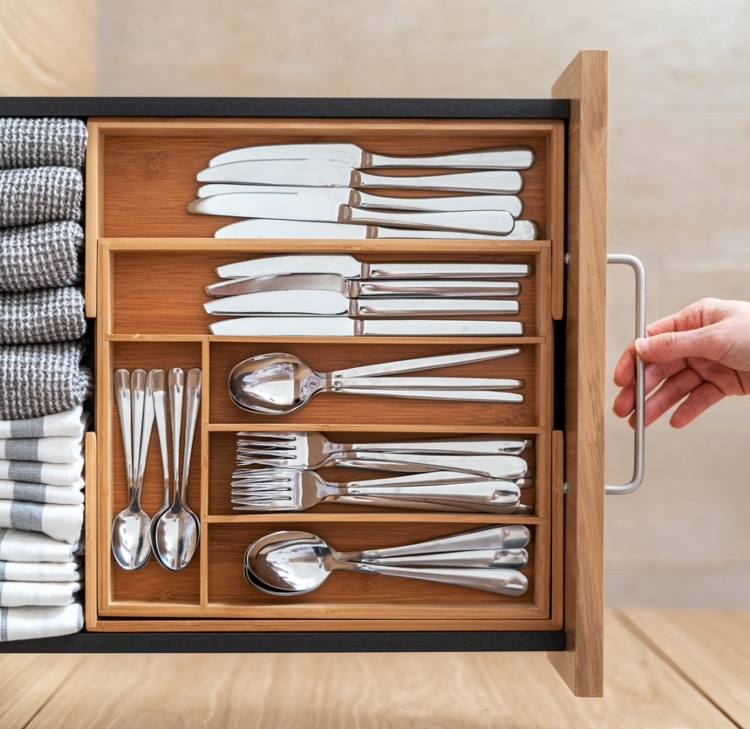 organized drawer for knives, spoons, forks and linen towels
