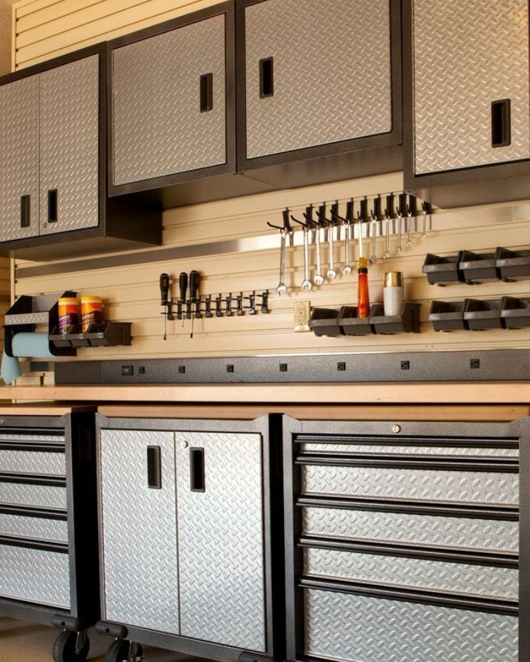 organized garage workspace with cabinets, countertop and tools